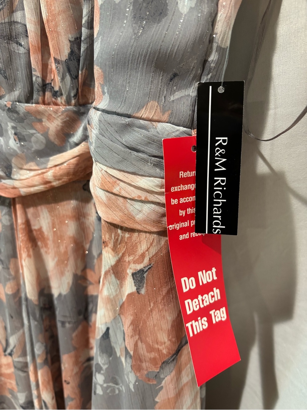R&M Richards Peach Floral Pleated Maxi Dress in Gray